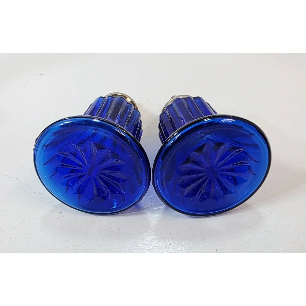 Vintage Ribbed Cobalt Blue Glass Silver Tone Tops Salt & Pepper Shakers 3.5 inch